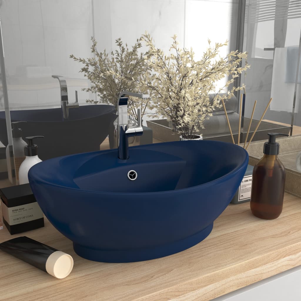 8: vidaXL luksuriøs håndvask overløb 58,5x39cm keramisk oval mat mørkeblå