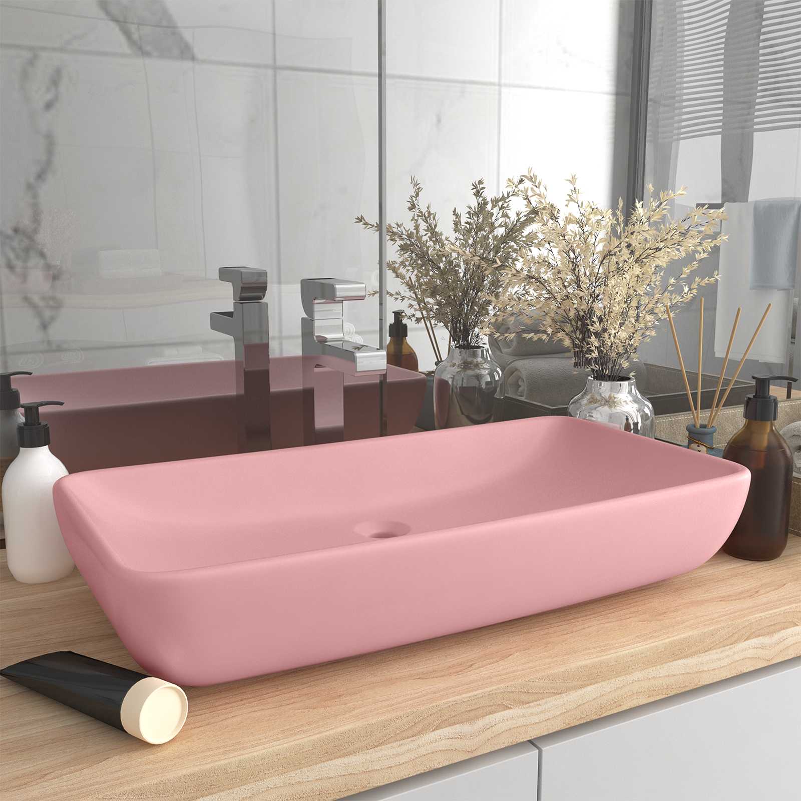 Luksuriøs håndvask 71x38 cm rektangulær keramik Mat pink, Badeværelsesmøbler hos HomeNordic
