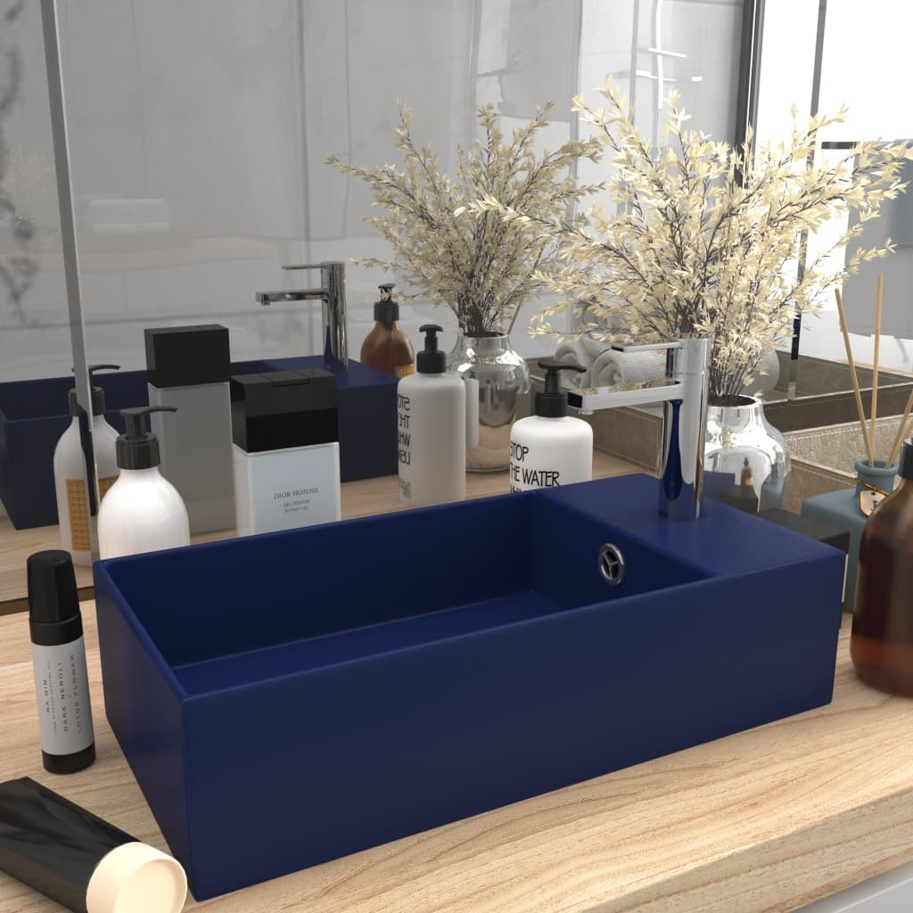 vidaXL håndvask med overløb til badeværelse keramik mørkeblå