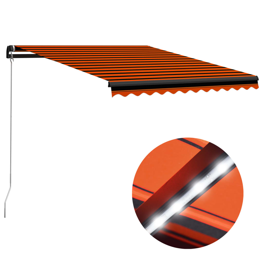 vidaXL Copertină retractabilă manual LED, portocaliu/maro, 350x250 cm title=vidaXL Copertină retractabilă manual LED, portocaliu/maro, 350x250 cm
