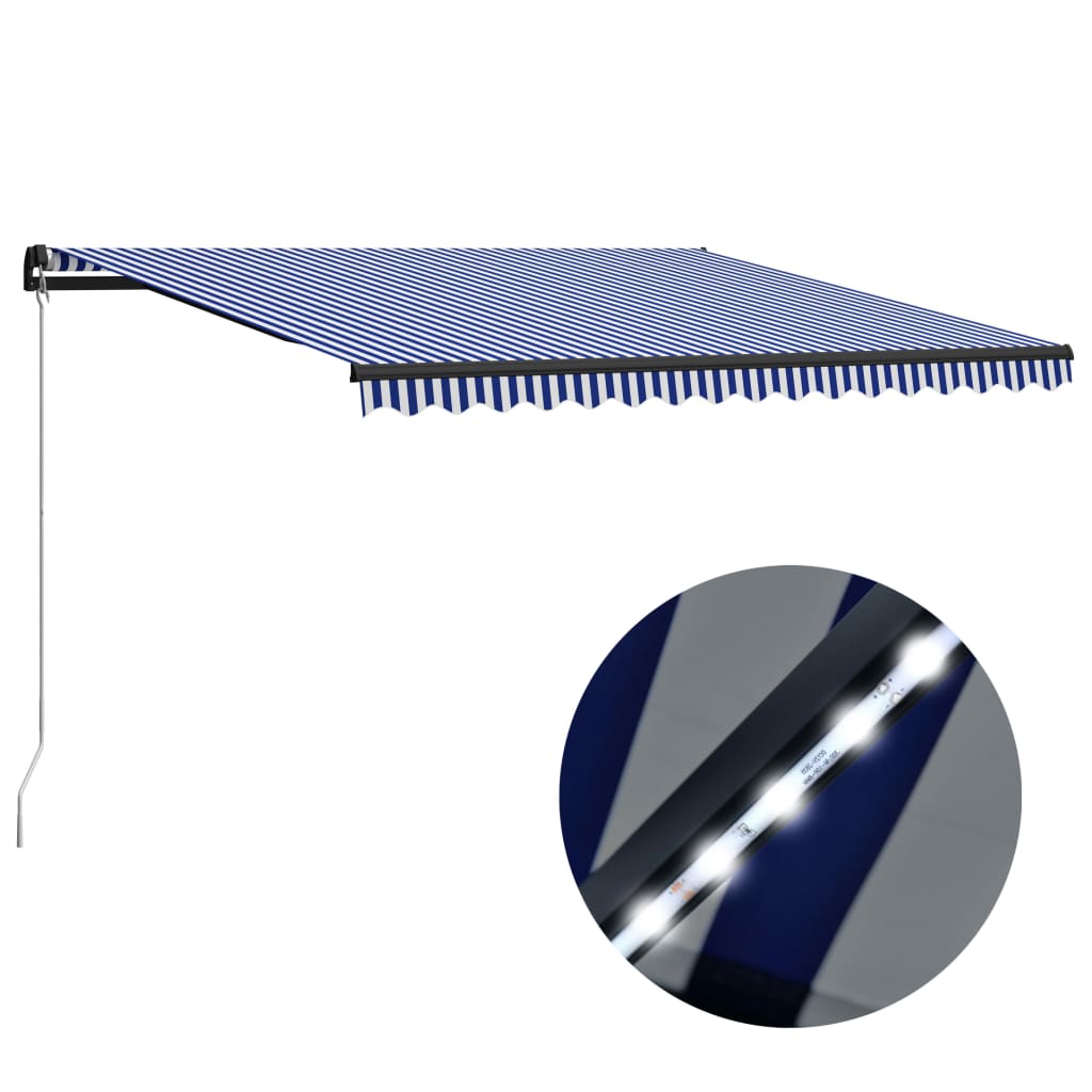 vidaXL Käsin sisäänkelattava markiisi LEDillä 400×300 cm sinivalkoinen