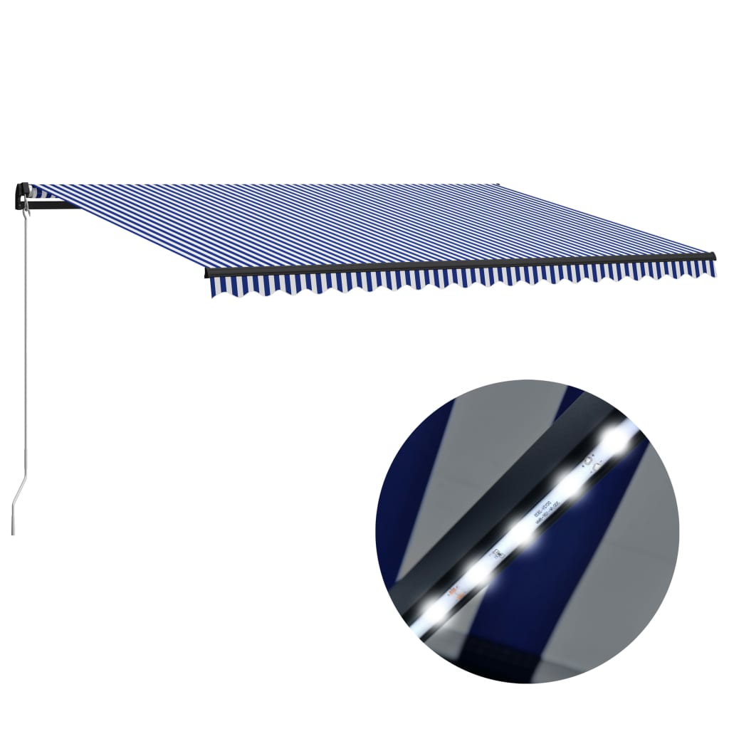 vidaXL Käsin sisäänkelattava markiisi LEDillä 500×300 cm sinivalkoinen