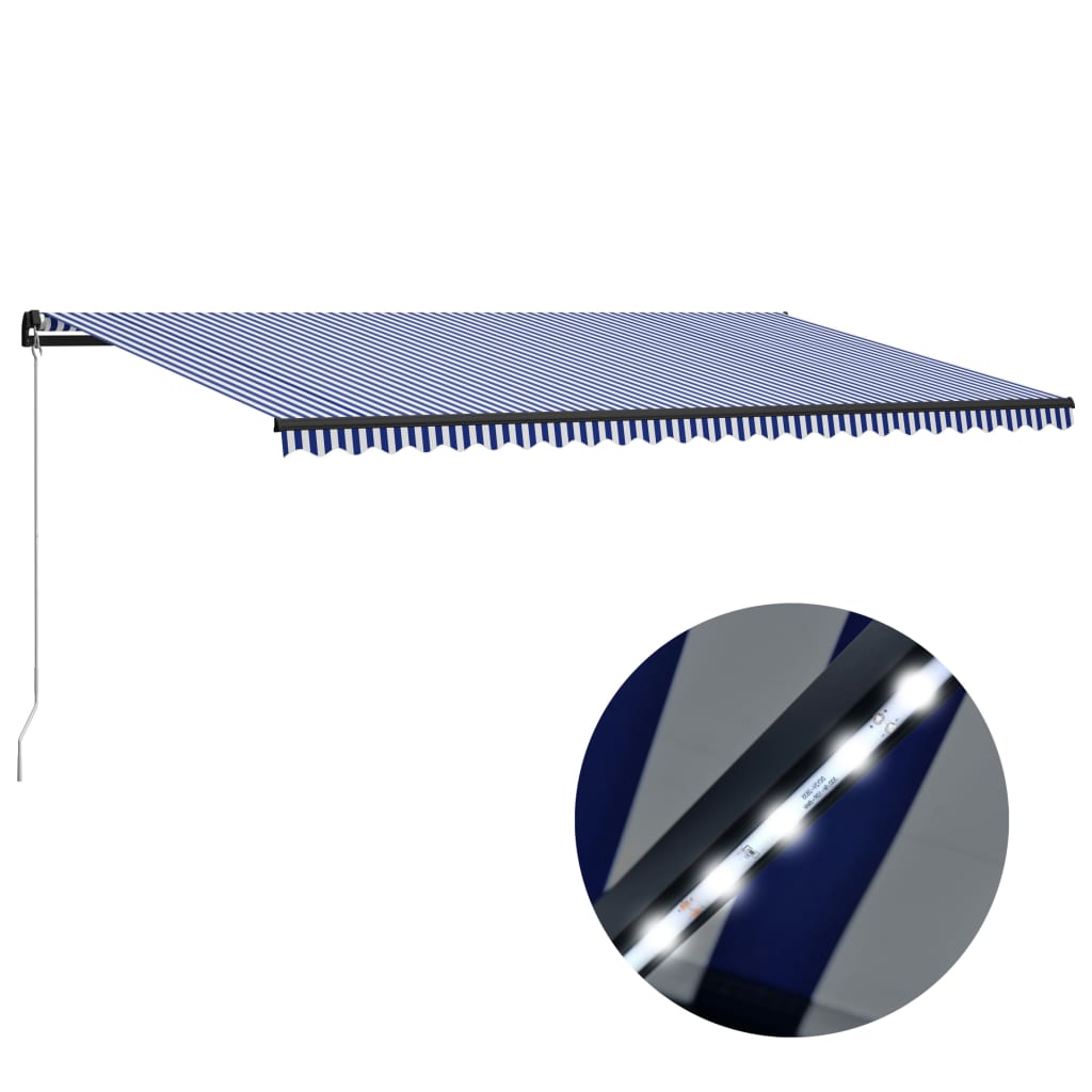 Toldo retráctil manual con luz LED azul y blanco 600x300 cm