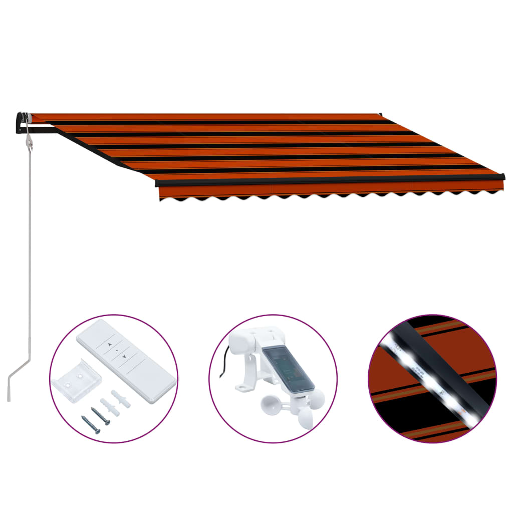 vidaXL foldemarkise med vindsensor og LED 400x300 cm orange og brun