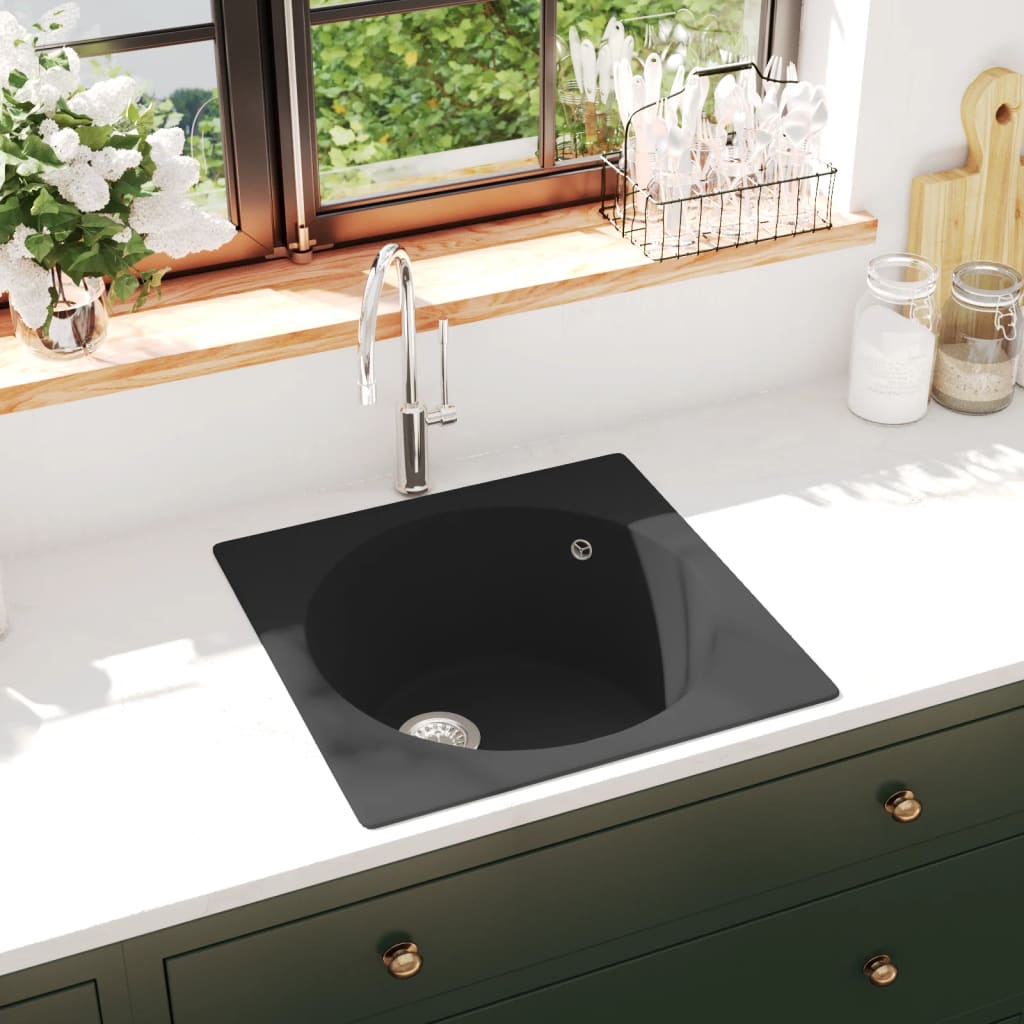 vidaXL Chiuvetă de bucătărie cu orificiu de preaplin, negru, granit poza 2021 vidaXL