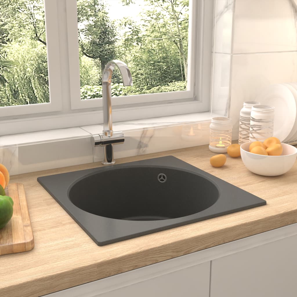 vidaXL Chiuvetă de bucătărie cu orificiu de preaplin, gri, granit poza 2021 vidaXL