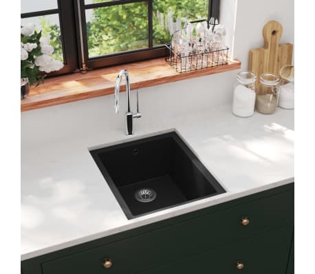 vidaXL Küchenspüle mit Überlauf Schwarz Granit Spülbecken Einbauspüle