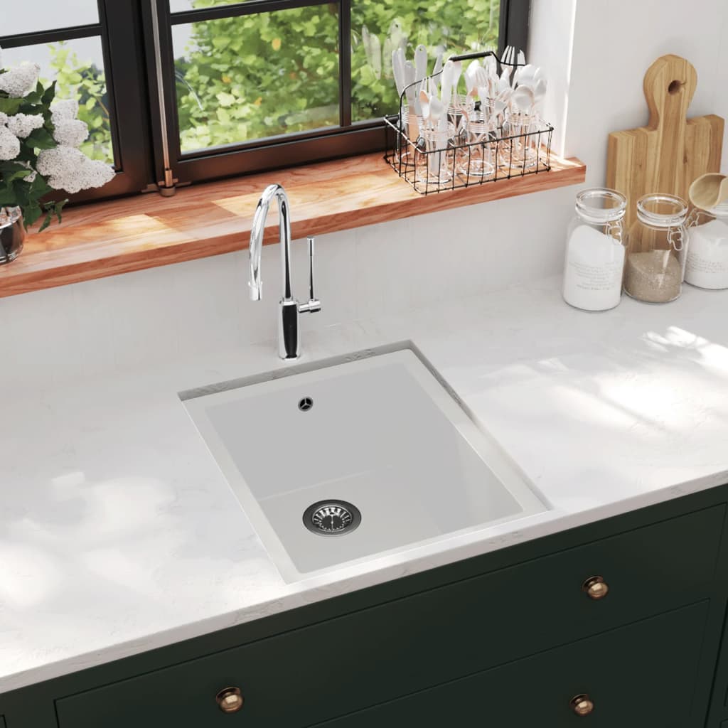 vidaXL Chiuvetă de bucătărie cu orificiu de preaplin, alb, granit poza 2021 vidaXL