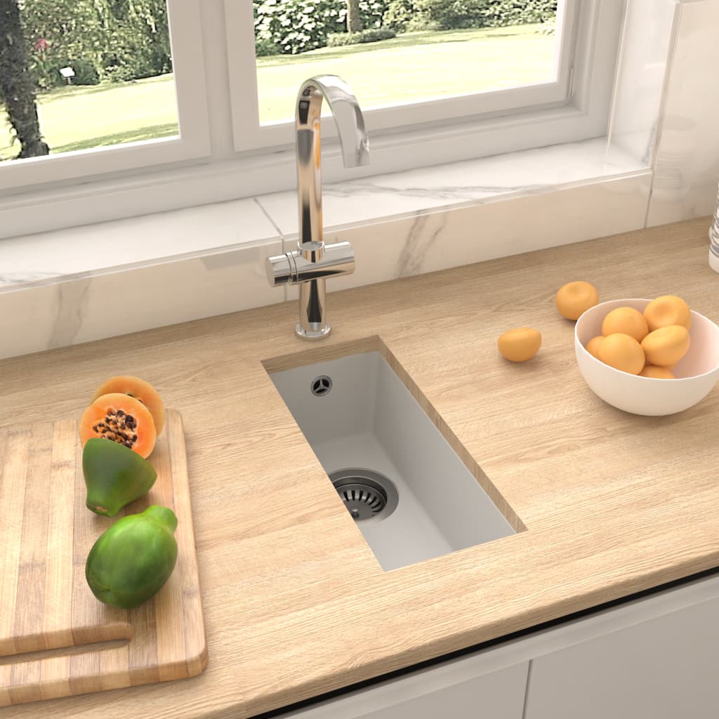 vidaXL Chiuvetă de bucătărie cu orificiu de preaplin, alb, granit poza 2021 vidaXL