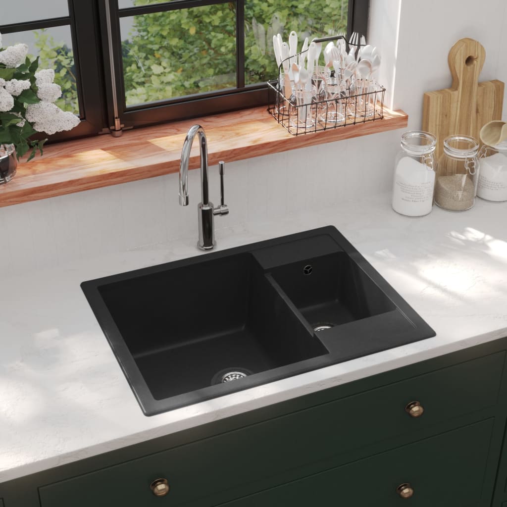 vidaXL Chiuvetă bucătărie dublă cu orificiu de preaplin, negru, granit poza 2021 vidaXL