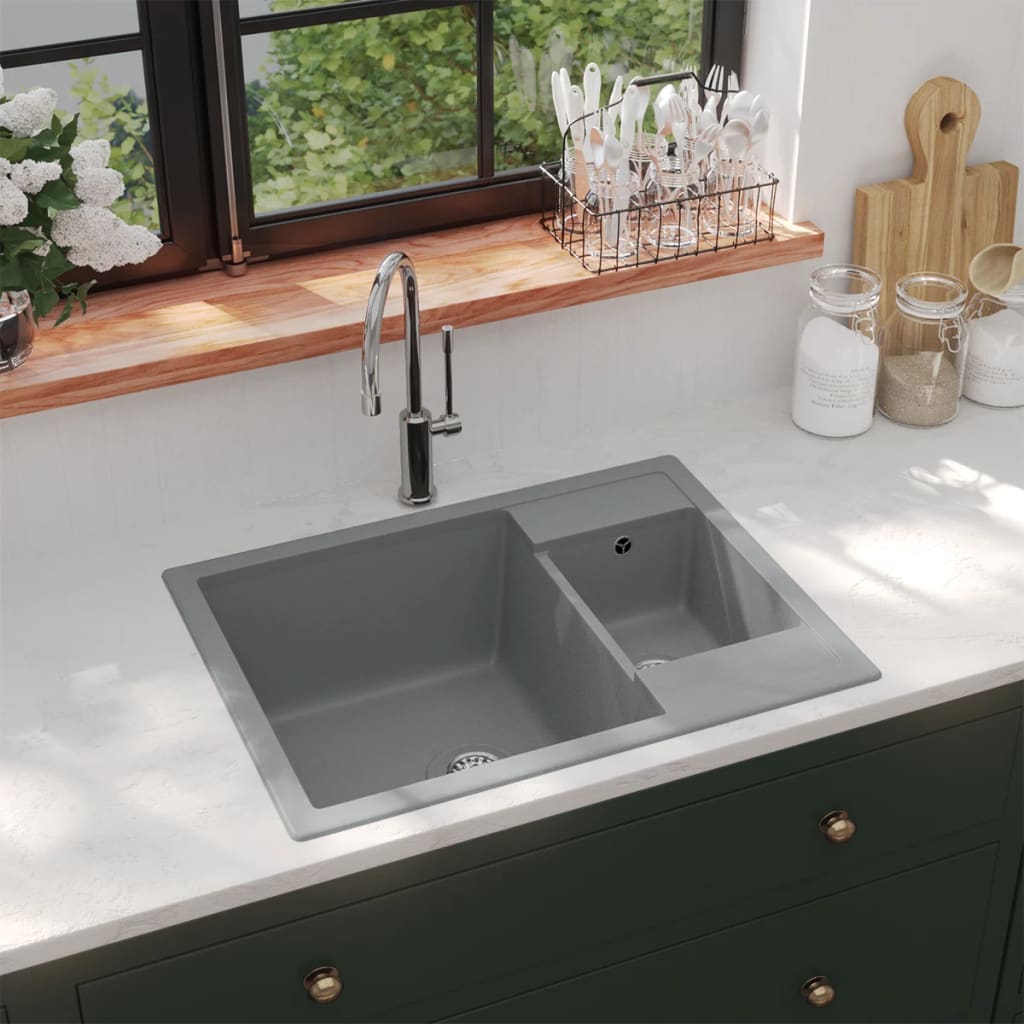 Photos - Kitchen Sink VidaXL  with Overflow Hole Double Basins Grey Granite 