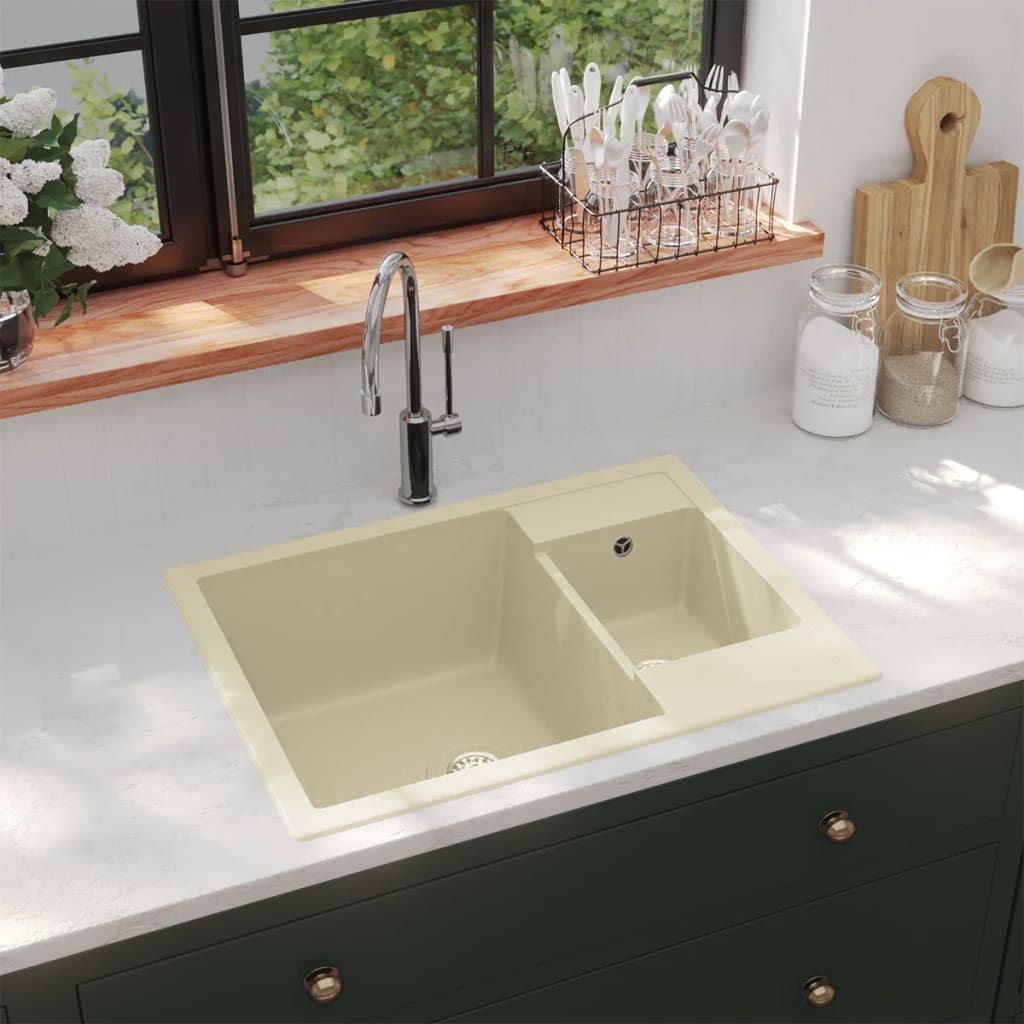 #2 - vidaXL dobbelt køkkenvask med overløbshul granit beige