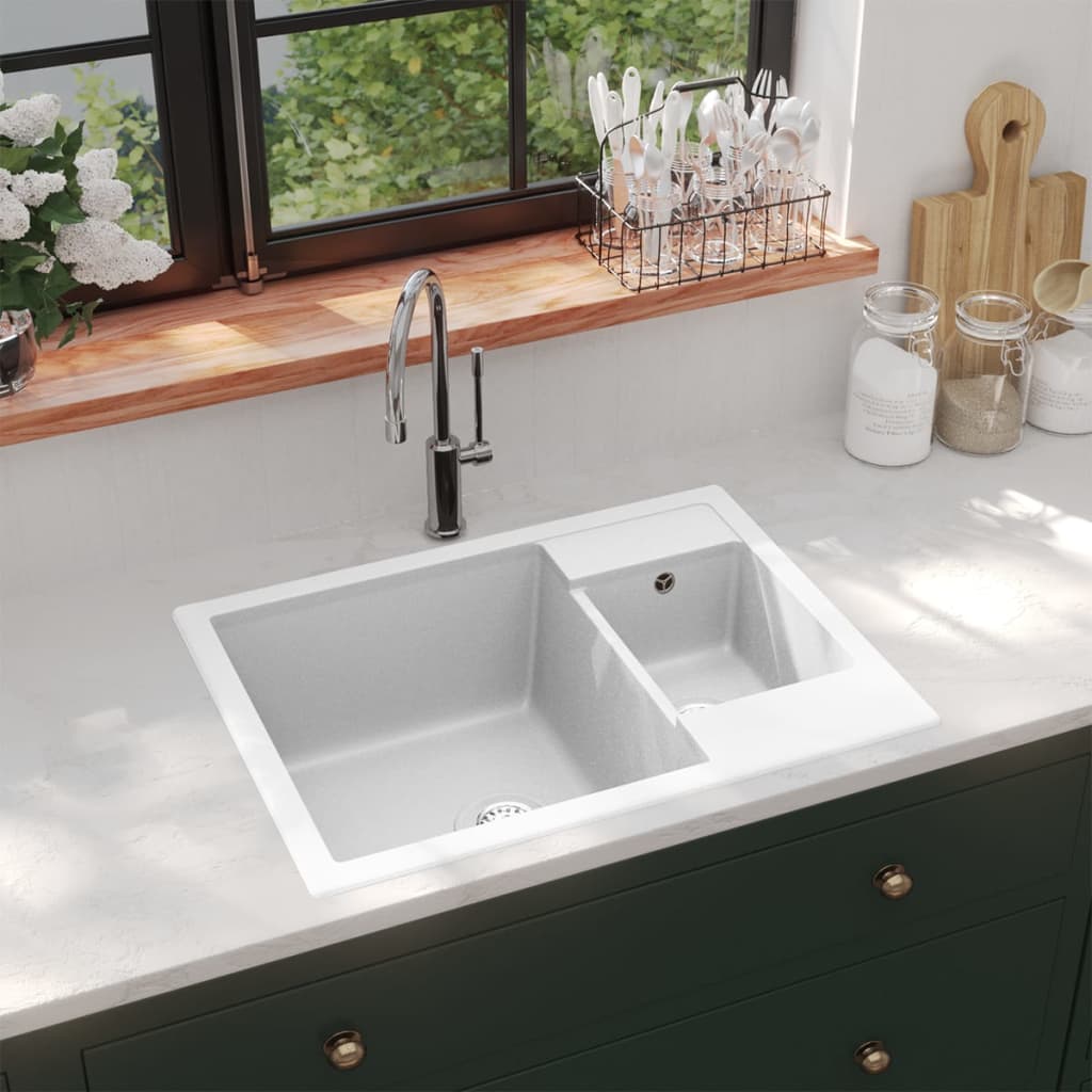 vidaXL dobbelt køkkenvask med overløbshul granit hvid