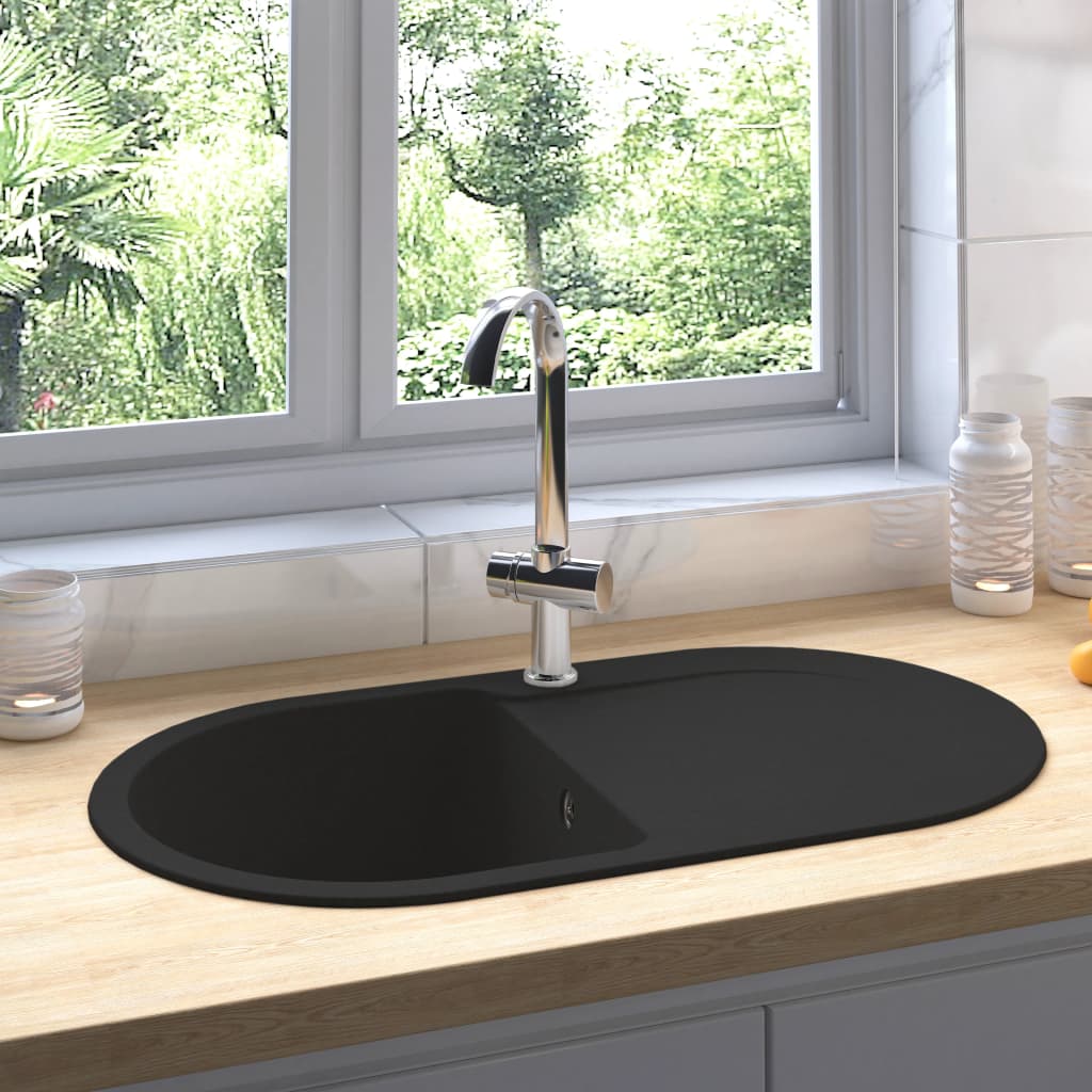 vidaXL Chiuvetă bucătărie cu orificiu de preaplin, negru, granit, oval poza 2021 vidaXL