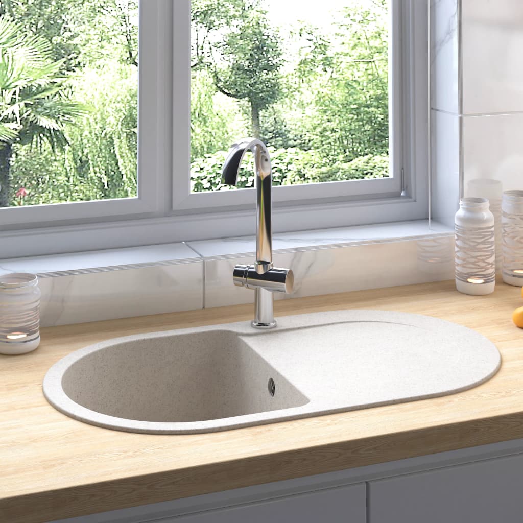 vidaXL Chiuvetă de bucătărie cu orificiu de preaplin, bej, oval, granit poza 2021 vidaXL