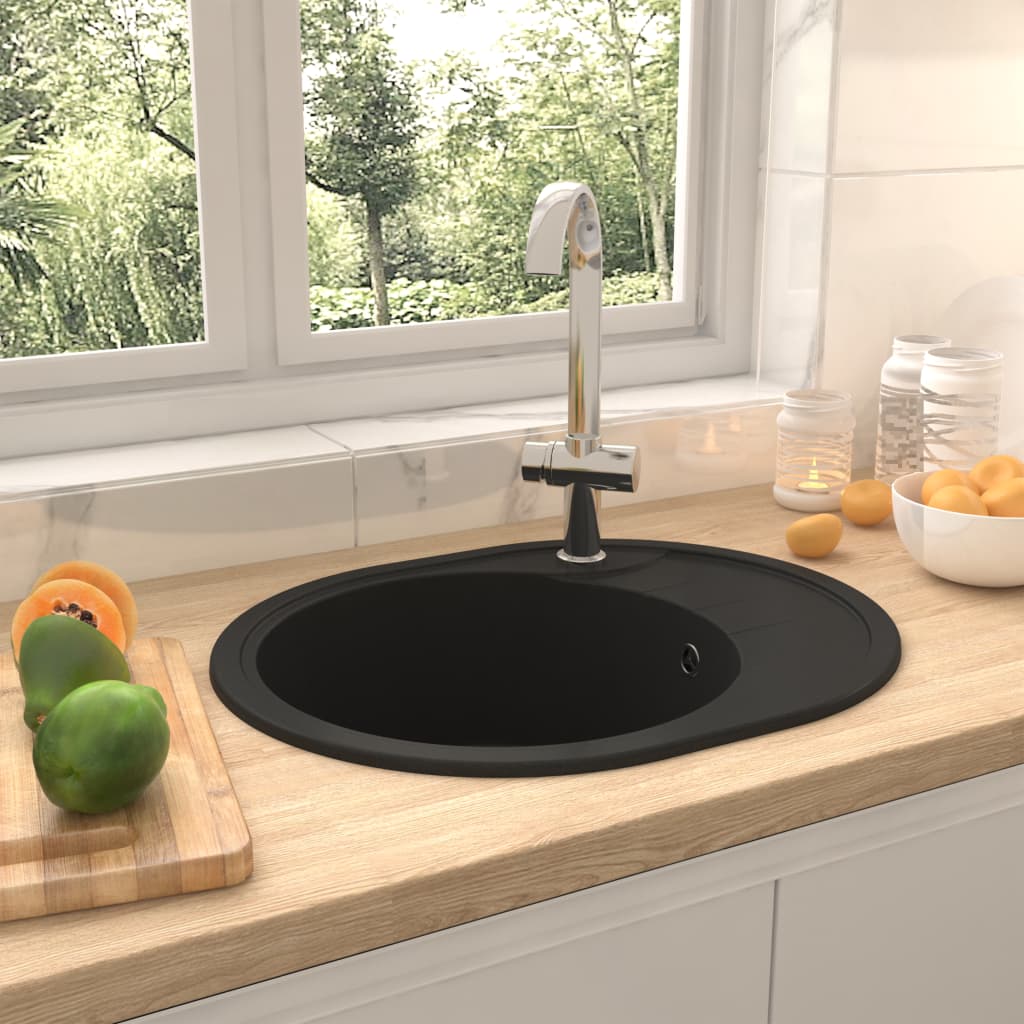vidaXL Chiuvetă bucătărie cu orificiu de preaplin, negru, granit, oval poza 2021 vidaXL