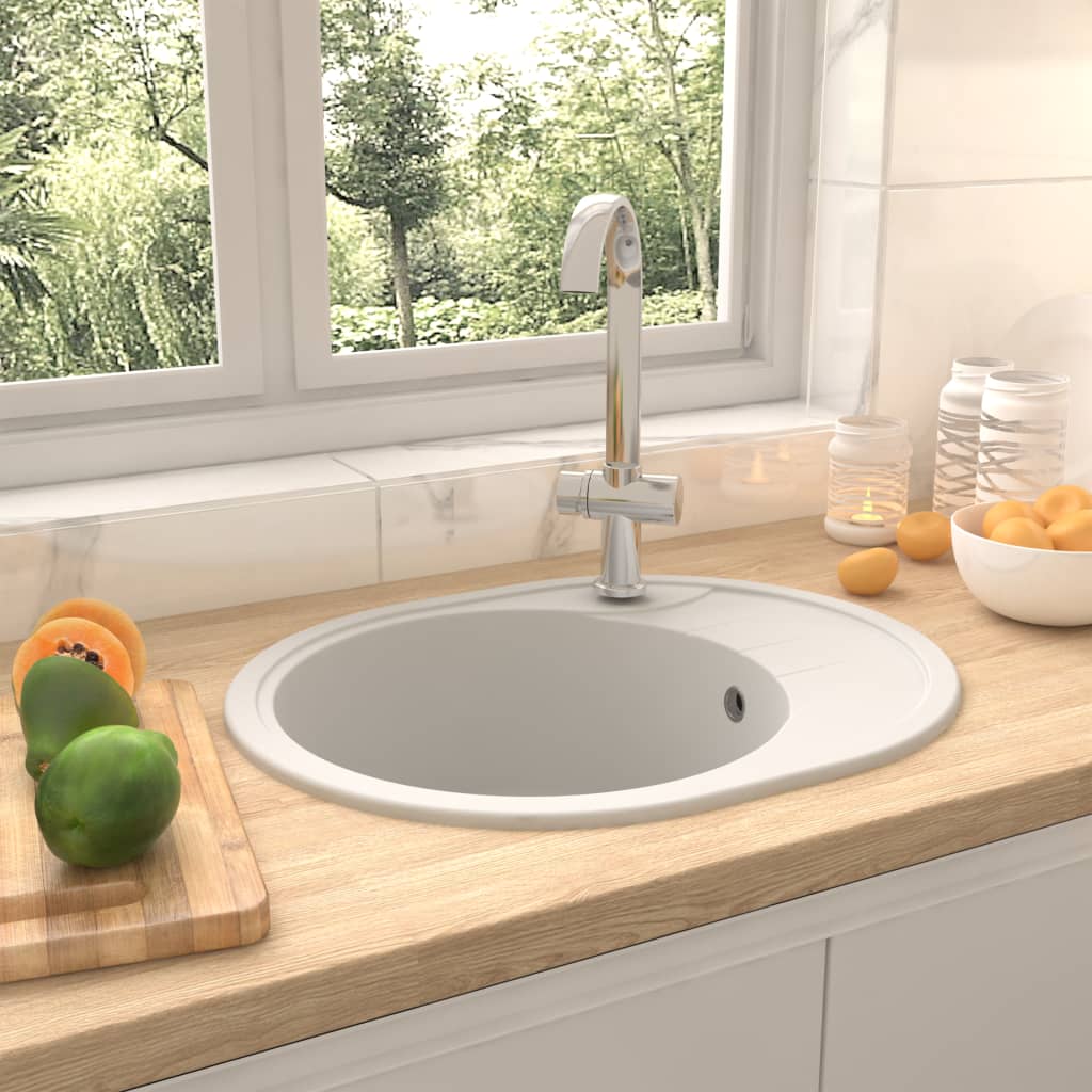 vidaXL Chiuvetă de bucătărie cu orificiu de preaplin, alb, granit oval poza 2021 vidaXL