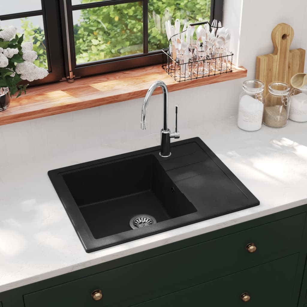 vidaXL Chiuvetă de bucătărie cu orificiu de preaplin, negru, oval, granit poza 2021 vidaXL