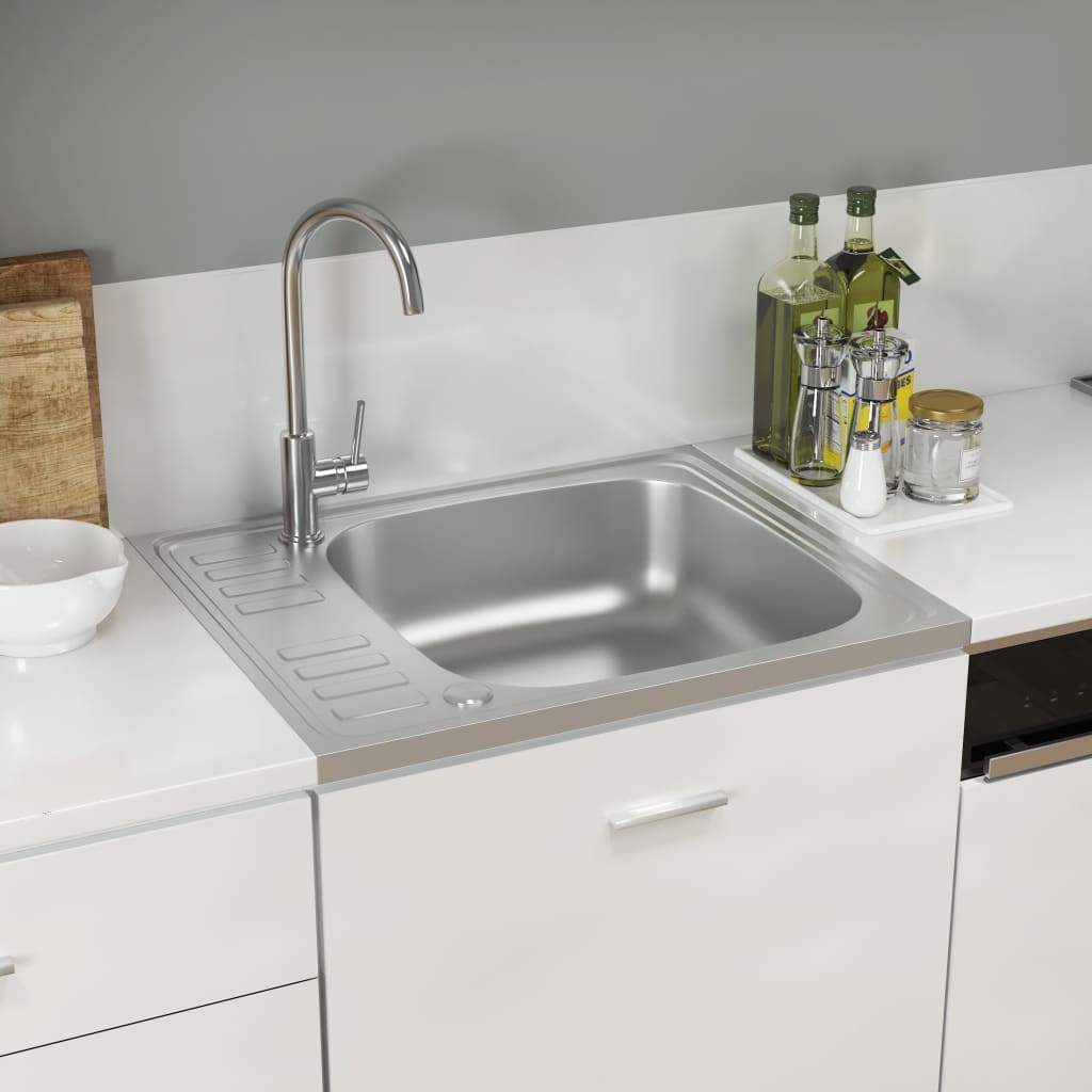 vidaXL køkkenvask med afløbssæt 500x600x155 mm rustfrit stål sølv