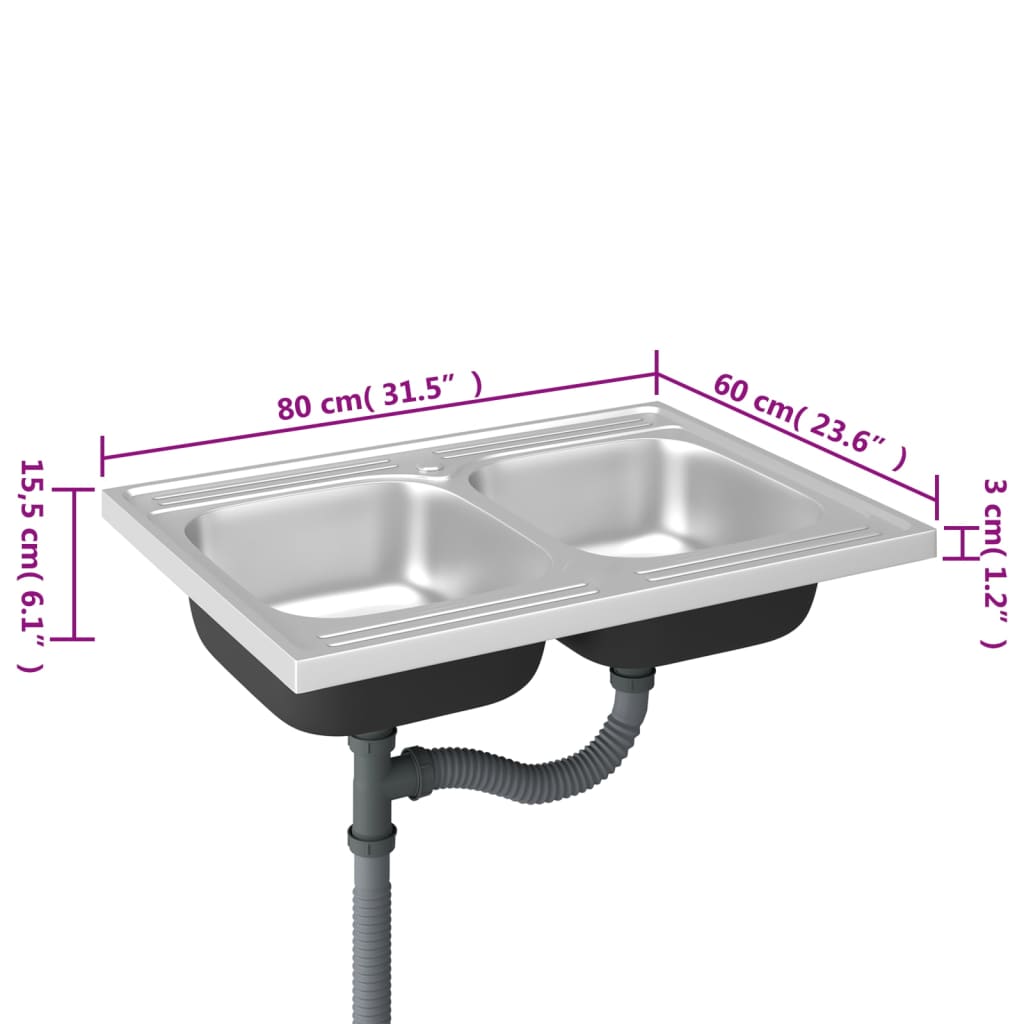 ezüst rozsdamentes acél dupla konyhamosogató 800 x 600 x 155 mm