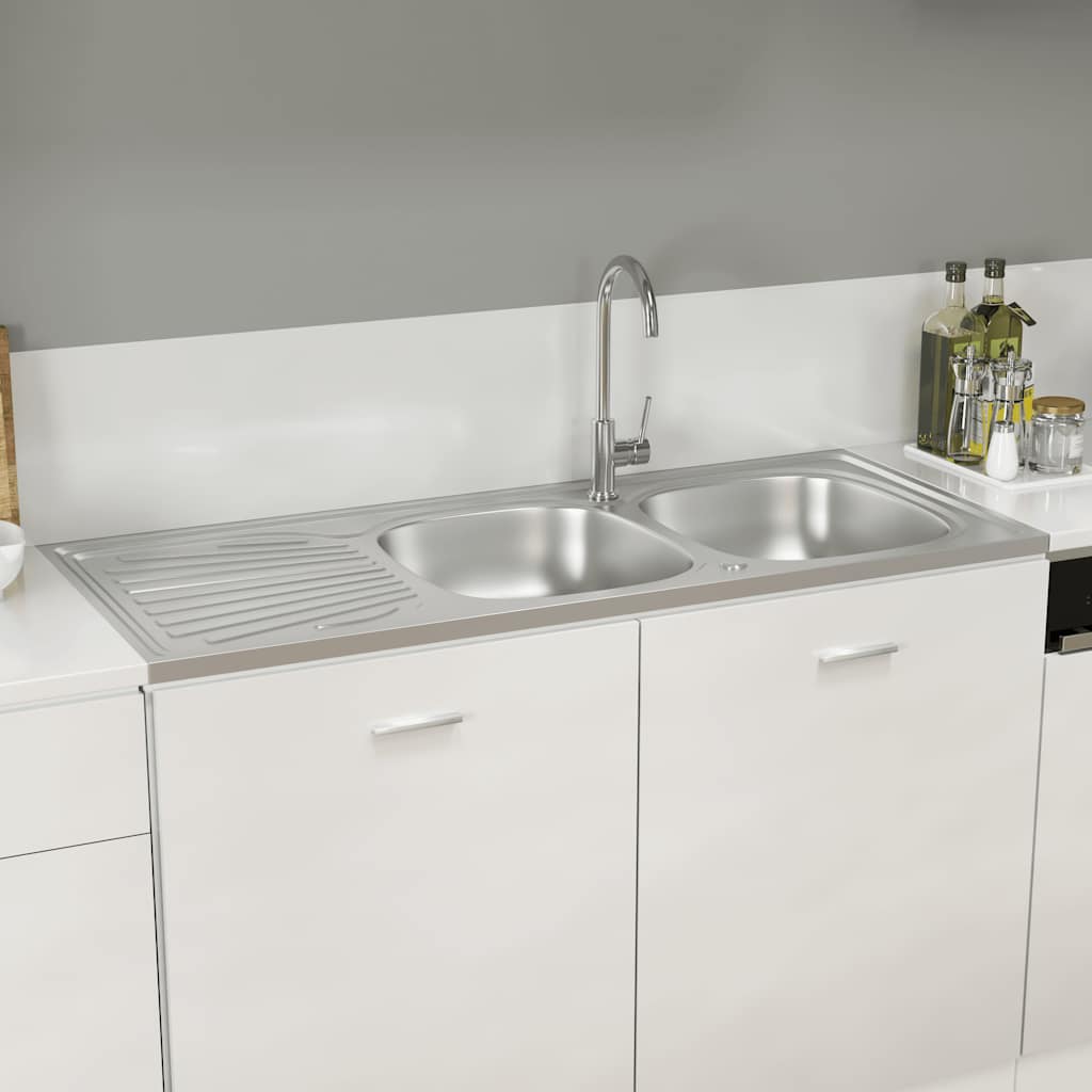 vidaXL Gootsteen dubbele bak 1200x600x155 mm roestvrij staal zilver afbeelding