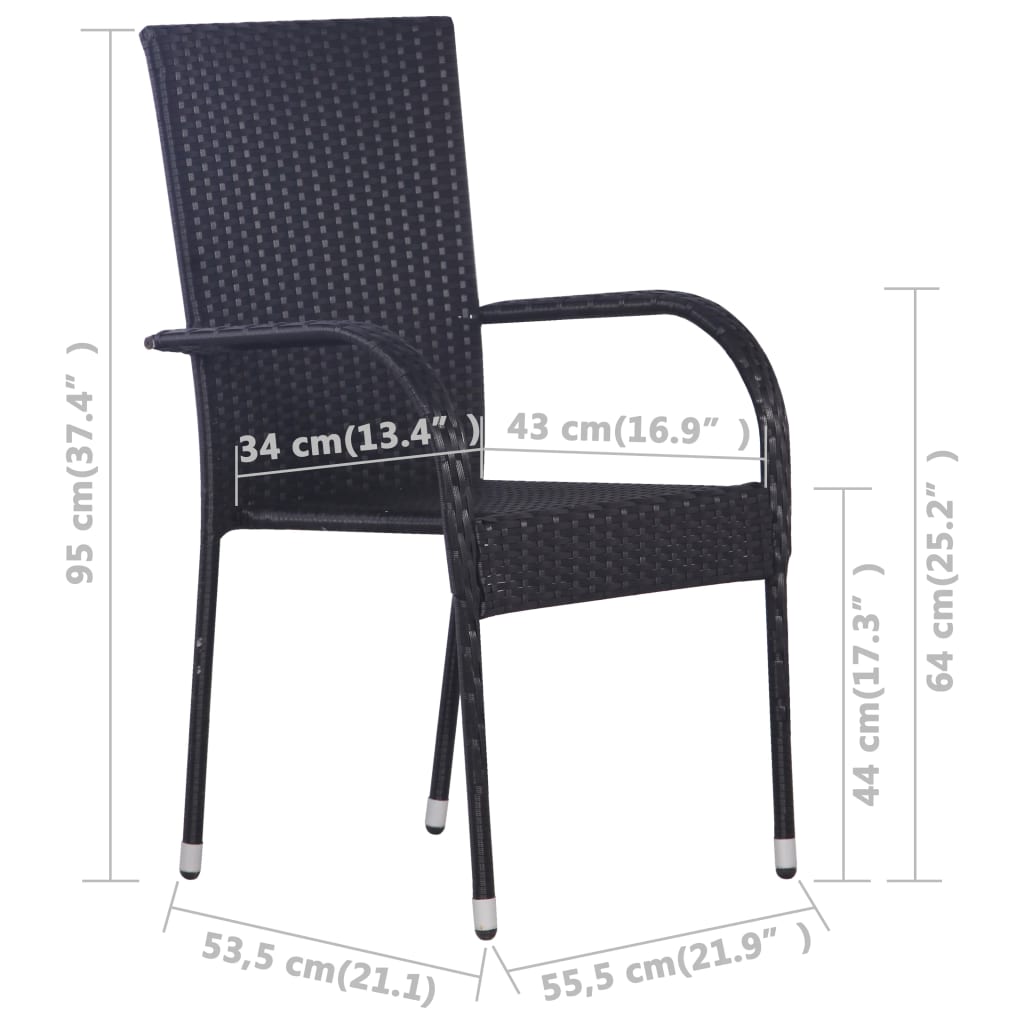  Stohovateľné vonkajšie stoličky 4 ks polyratan čierne