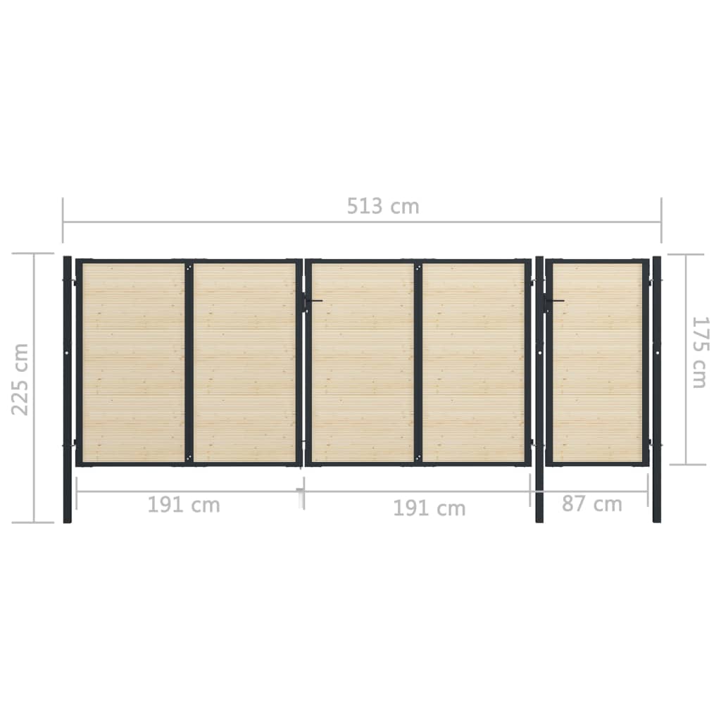 Оградна порта, стомана и смърч, 513x225 см