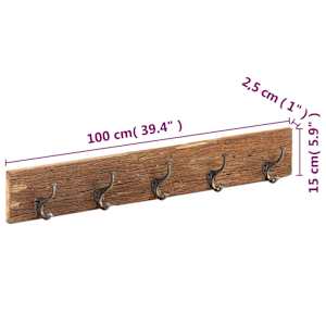 Věšák do předsíně s 5 háčky 100 x 2,5 x 15 cm recyklovaný masiv - obrázek 8