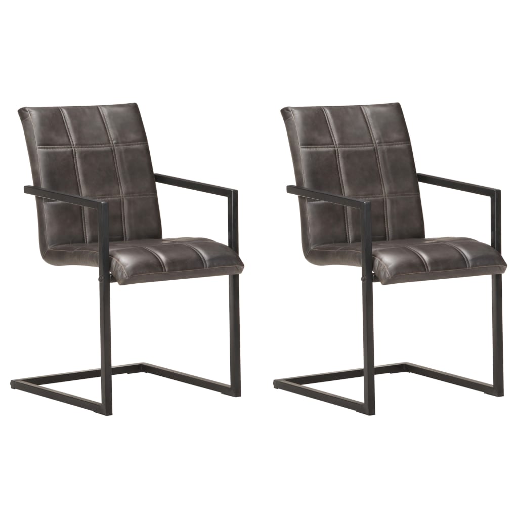 vidaXL Scaune de bucatarie cantilever, 2 buc., gri, piele naturala
