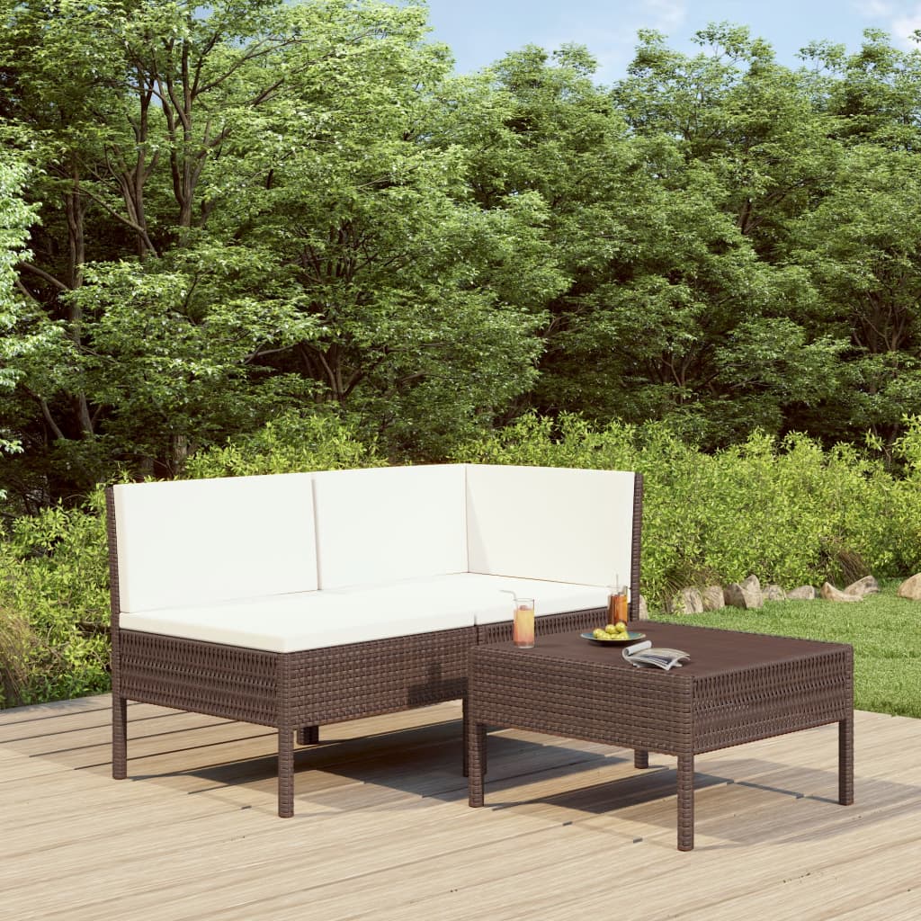 vidaXL Set mobilier de grădină cu perne, 3 piese, maro, poliratan vidaXL