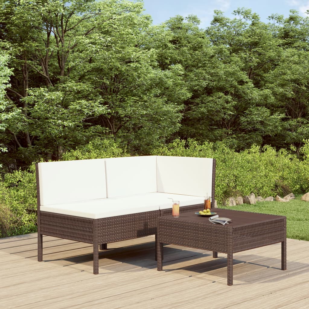 vidaXL 3-tlg. Garten-Lounge-Set mit Auflagen Poly Rattan Braun