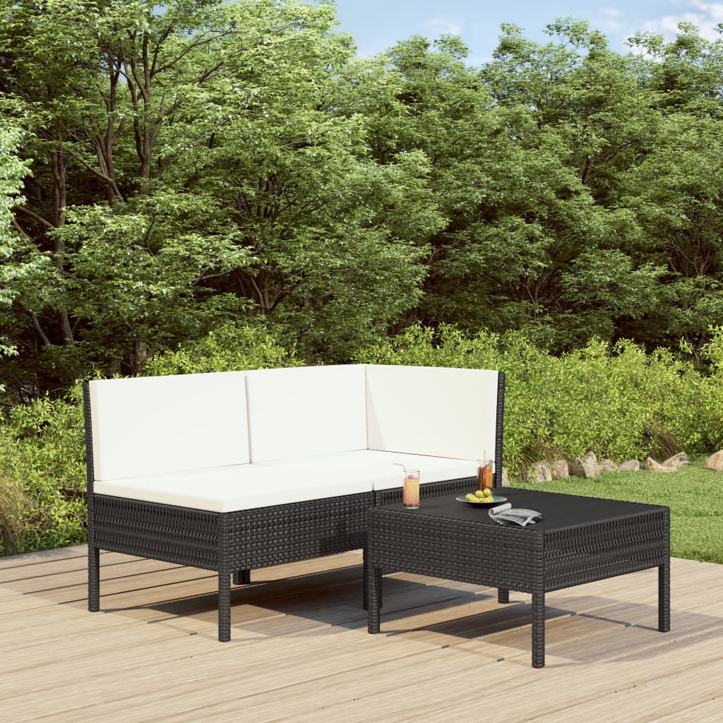 vidaXL 3-tlg. Garten-Lounge-Set mit Auflagen Poly Rattan Schwarz