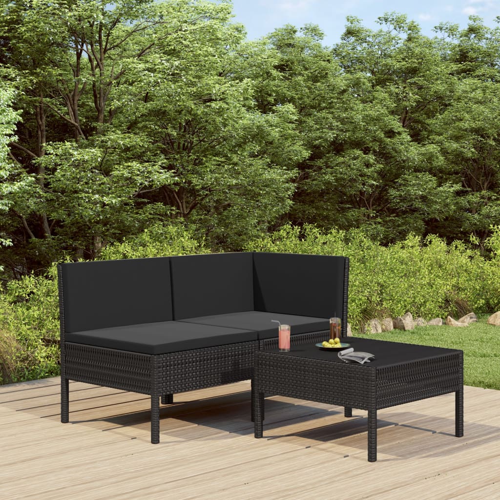 vidaXL 3-tlg. Garten-Lounge-Set mit Auflagen Poly Rattan Schwarz