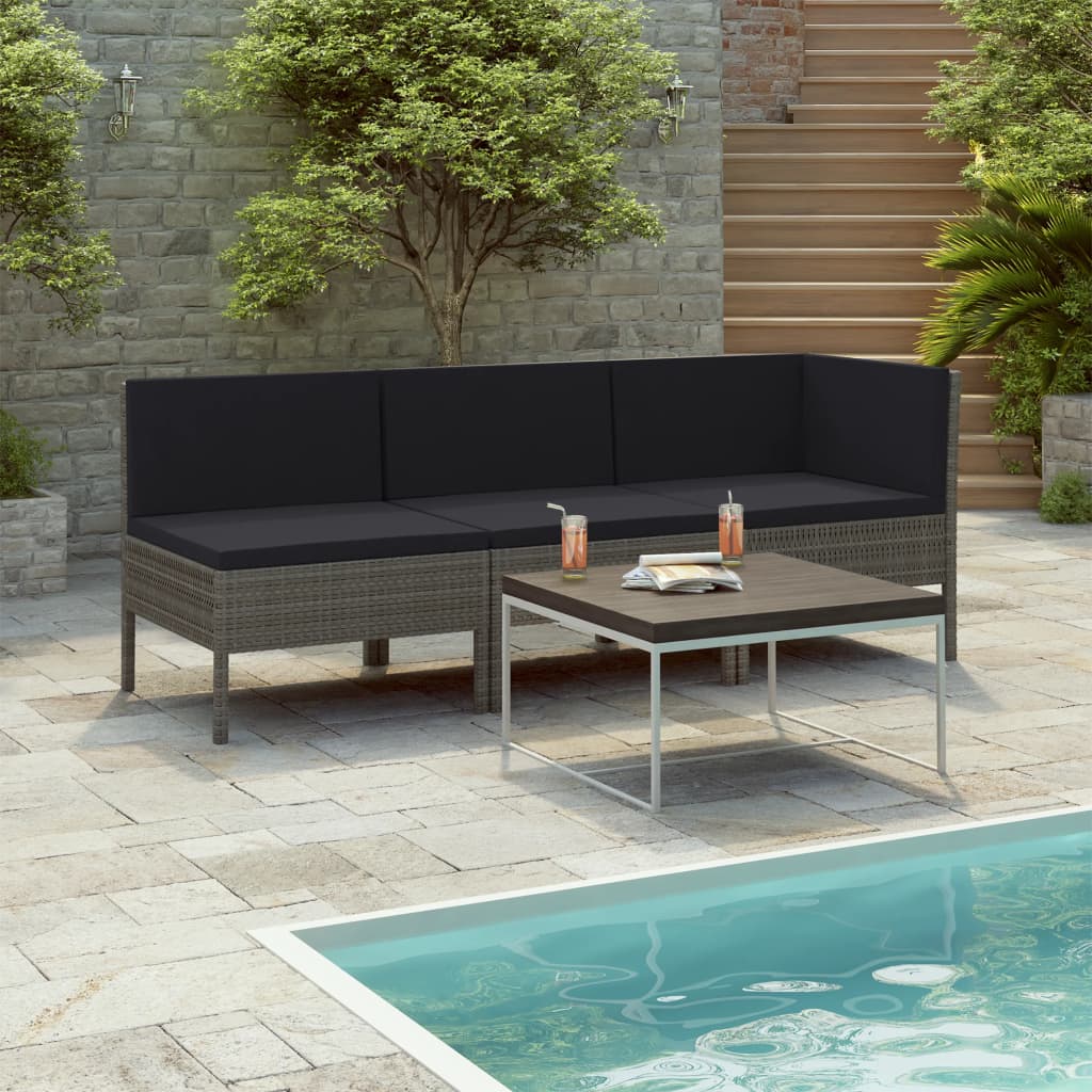 vidaXL 3-tlg. Garten-Lounge-Set mit Auflagen Poly Rattan Grau