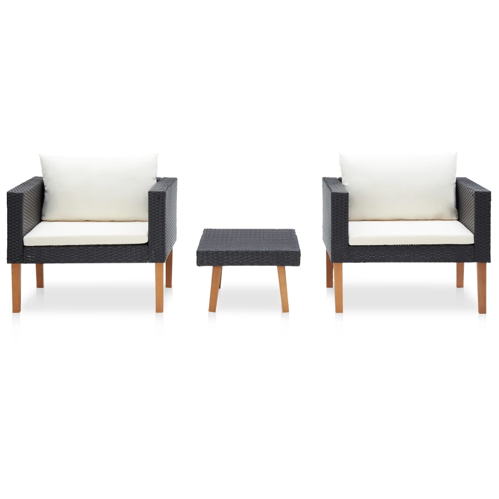 vidaXL 3-delige Loungeset met kussens poly rattan zwart afbeelding