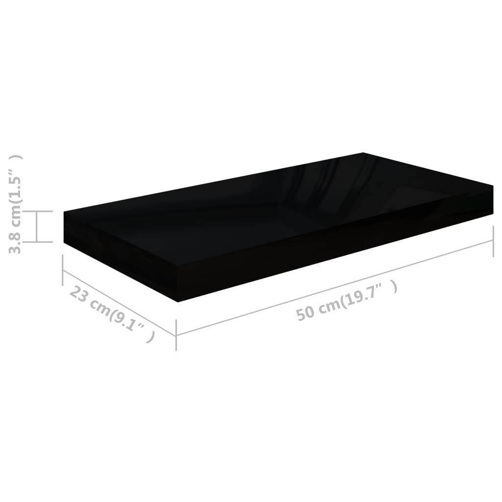 4 db magasfényű fekete MDF lebegő fali polc 50 x 23 x 3,8 cm 