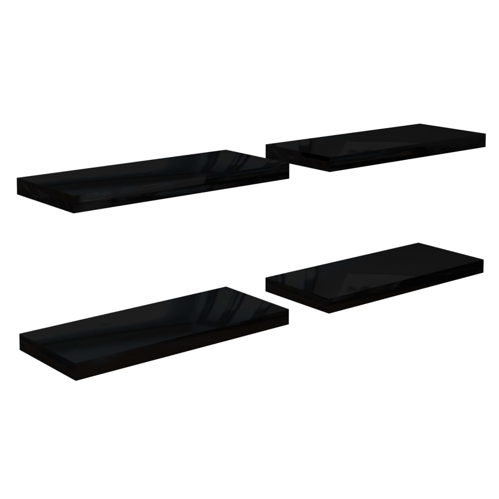 4 db magasfényű fekete MDF lebegő fali polc 60 x 23,5 x 3,8 cm 