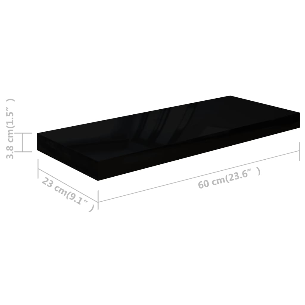 4 db magasfényű fekete MDF lebegő fali polc 60 x 23,5 x 3,8 cm 