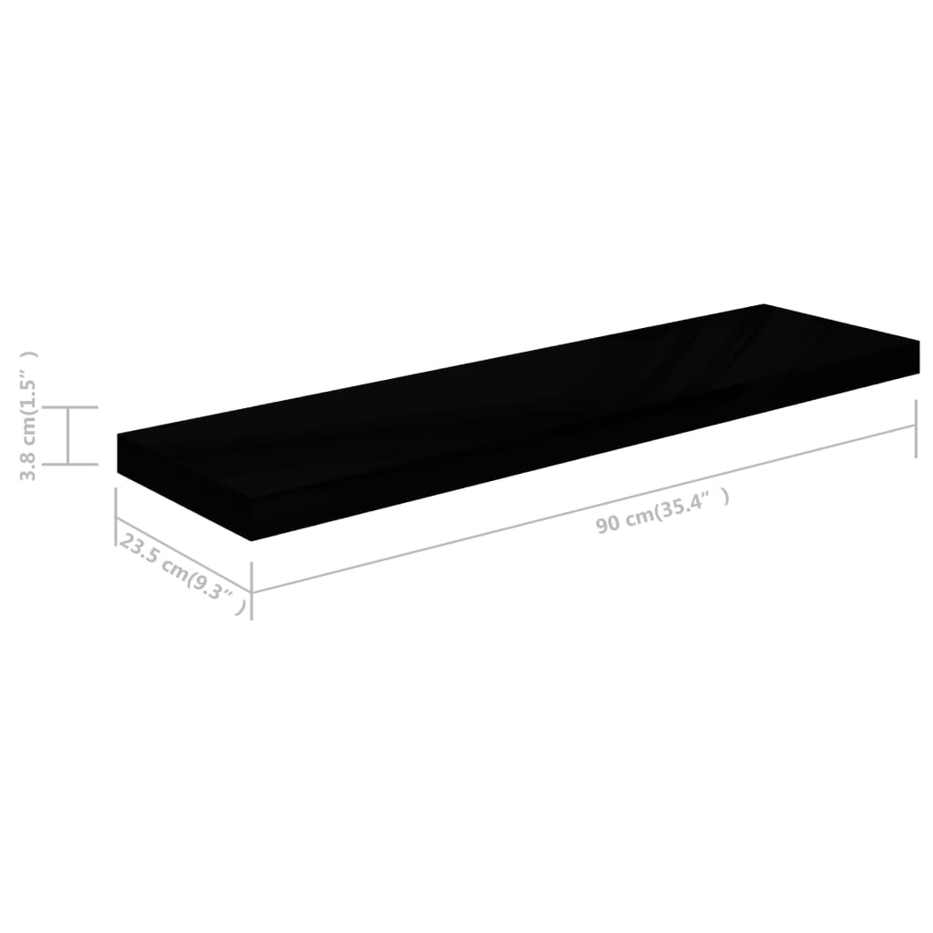 magasfényű fekete MDF fali polc 90 x 23,5 x 3,8 cm