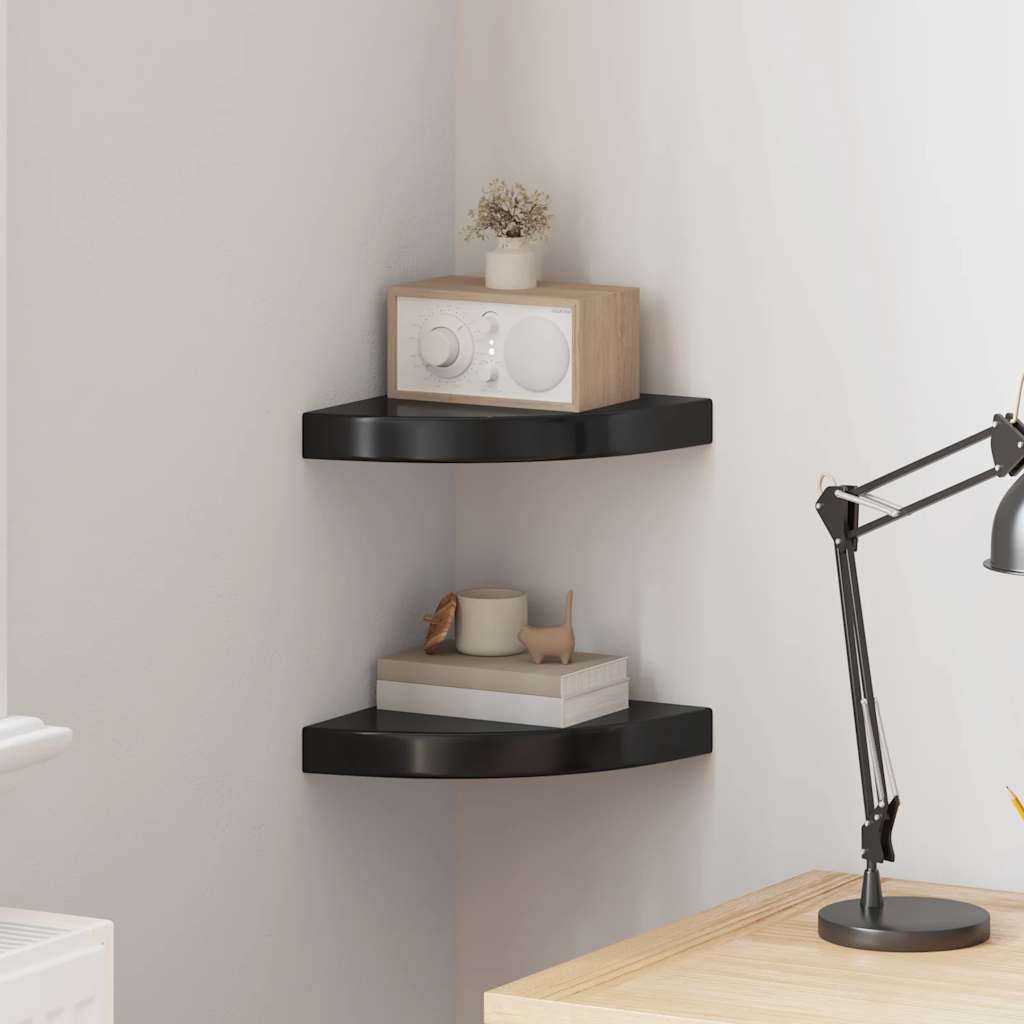 vidaXL Rafturi colț perete, 2 buc., negru extralucios 25x25x3,8 cm MDF