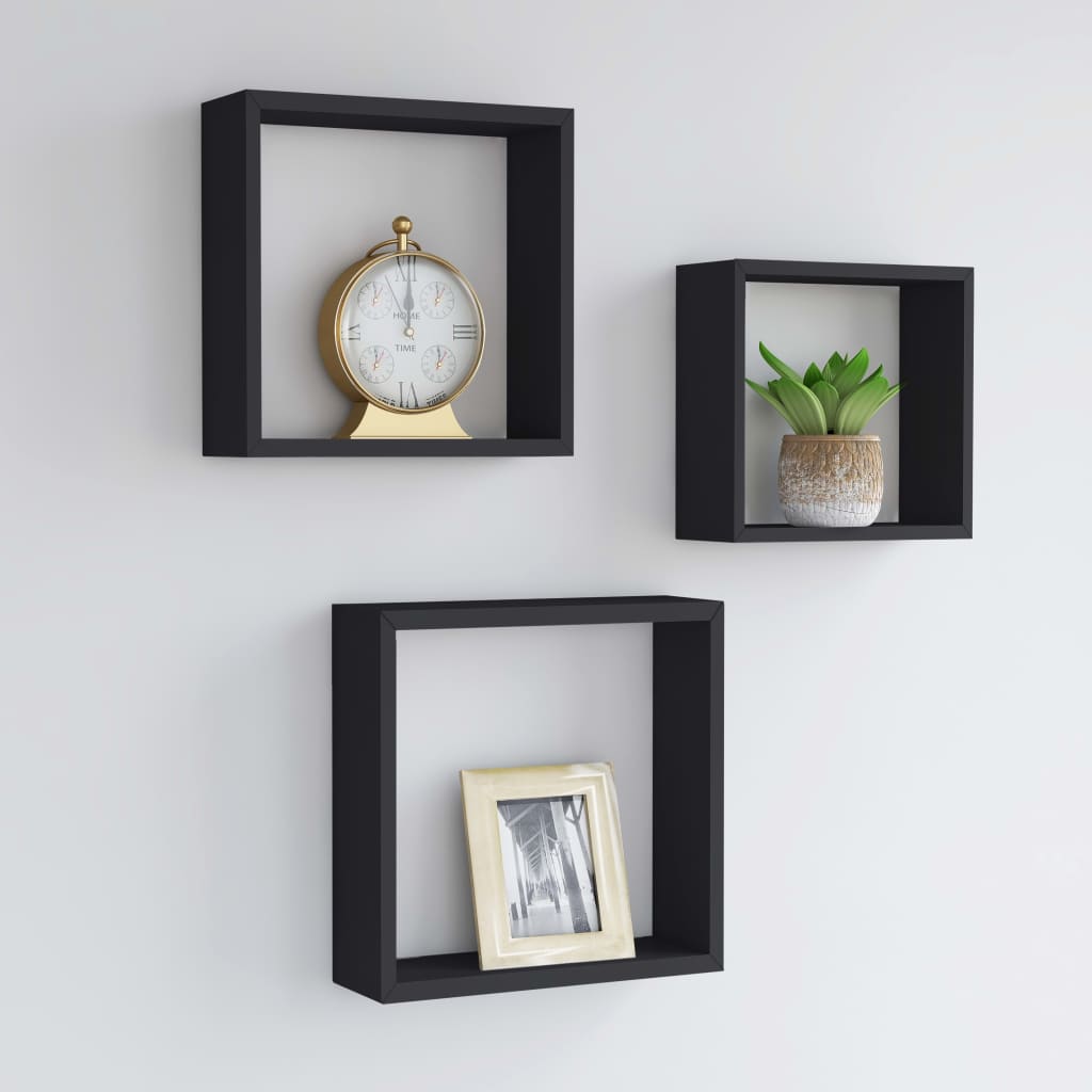 Étagères murales sous forme de cube 3 pcs Noir MDF