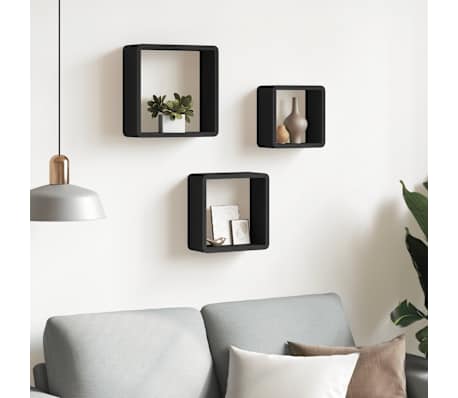 vidaXL Wall Cube Shelves 3 pcs Black MDF