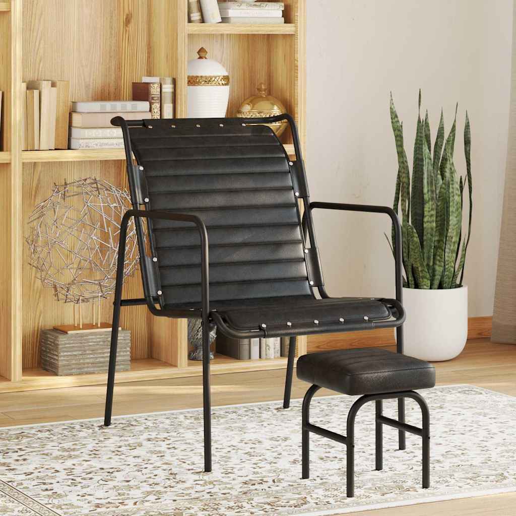 Silla de relax reposabrazos y reposapiés cuero auténtico negro