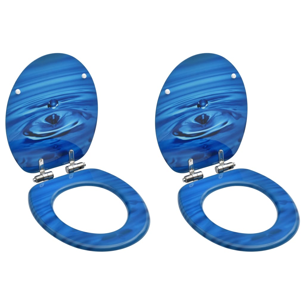 vidaXL toiletsæder med soft close-låg 2 stk. MDF vanddråbedesign blå