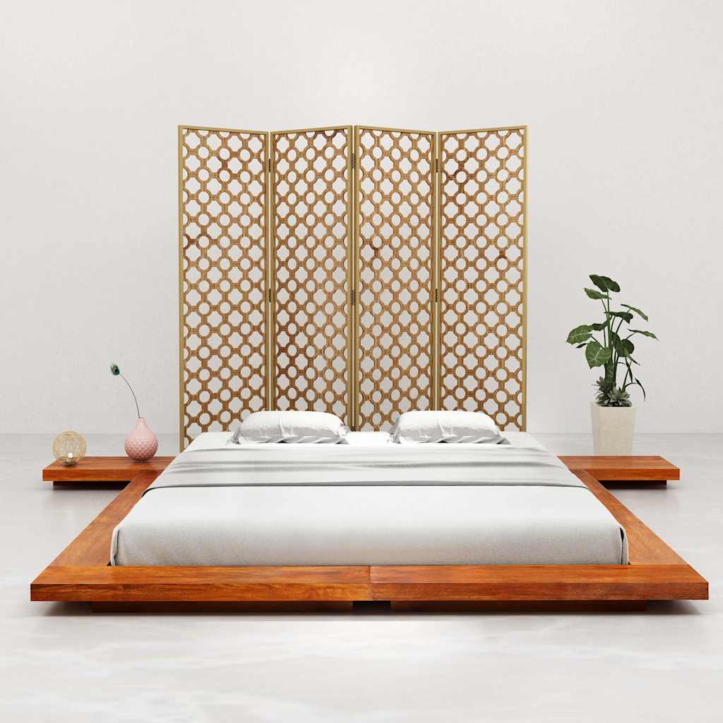 Wooden platform bed frame with white mattress, side tables, decorative vase, and plant, front view on a white background.