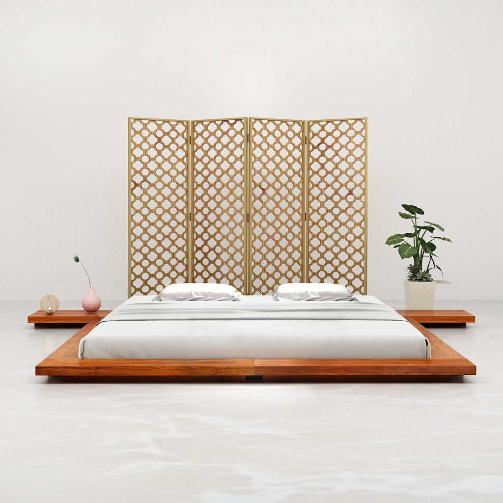 Solid wood Japanese futon bed frame with white mattress, front view on a white background.