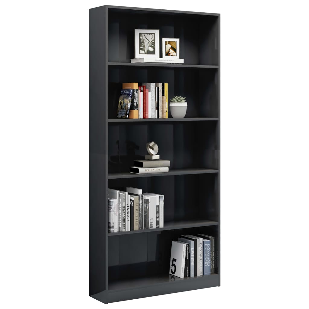 vidaXL 5-Tier Book Cabinet High Gloss Gray 31.5"x9.4"x68.9" Engineered Wood