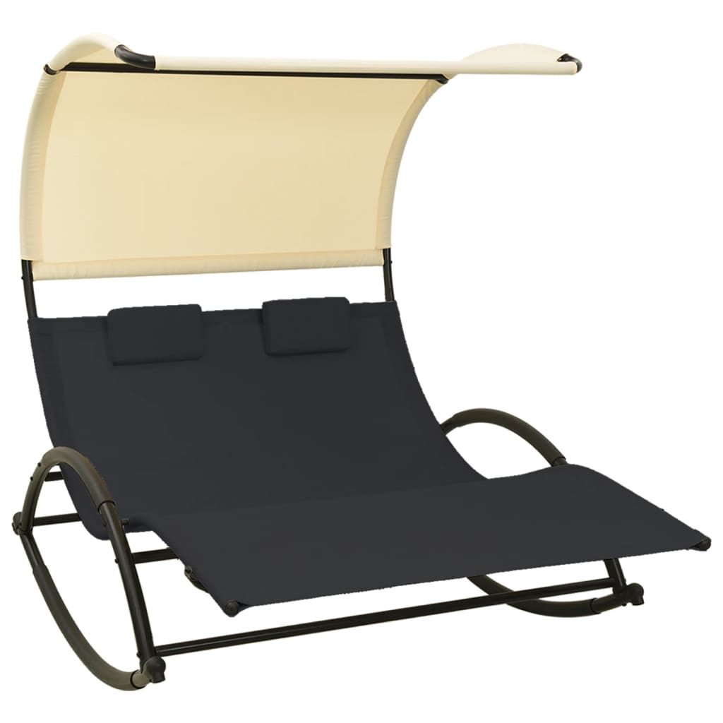 Double Sun Lounger with Canopy Textilene Black and Cream