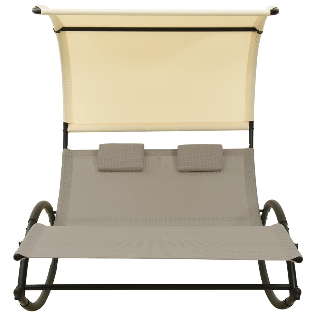 vidaXL Ligbed tweepersoons met luifel textileen taupe en crèmekleurig afbeelding