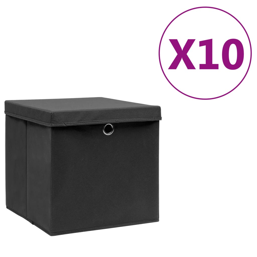 vidaXL Cutii de depozitare cu capac, 10 buc., negru, 28x28x28 cm vidaXL